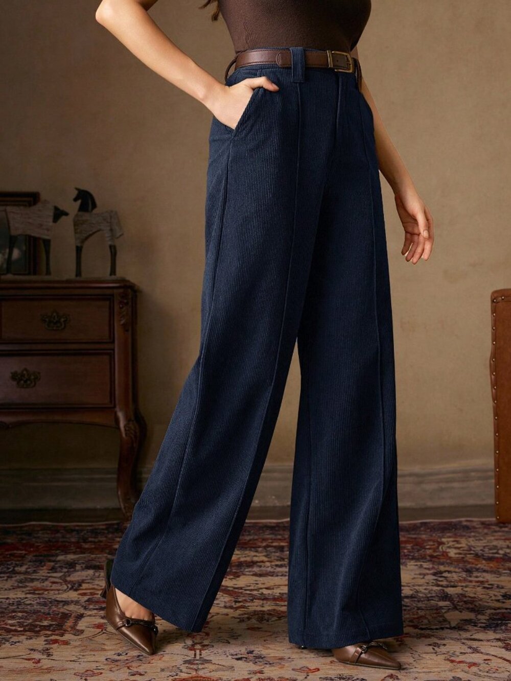 Navy Blue Casual Women's Corduroy Trousers - Picture 3 of 7